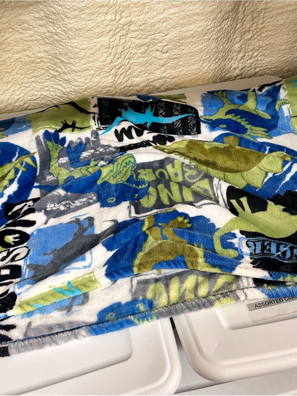Plush Dinosaur Print Throw Blanket - Blue & Green